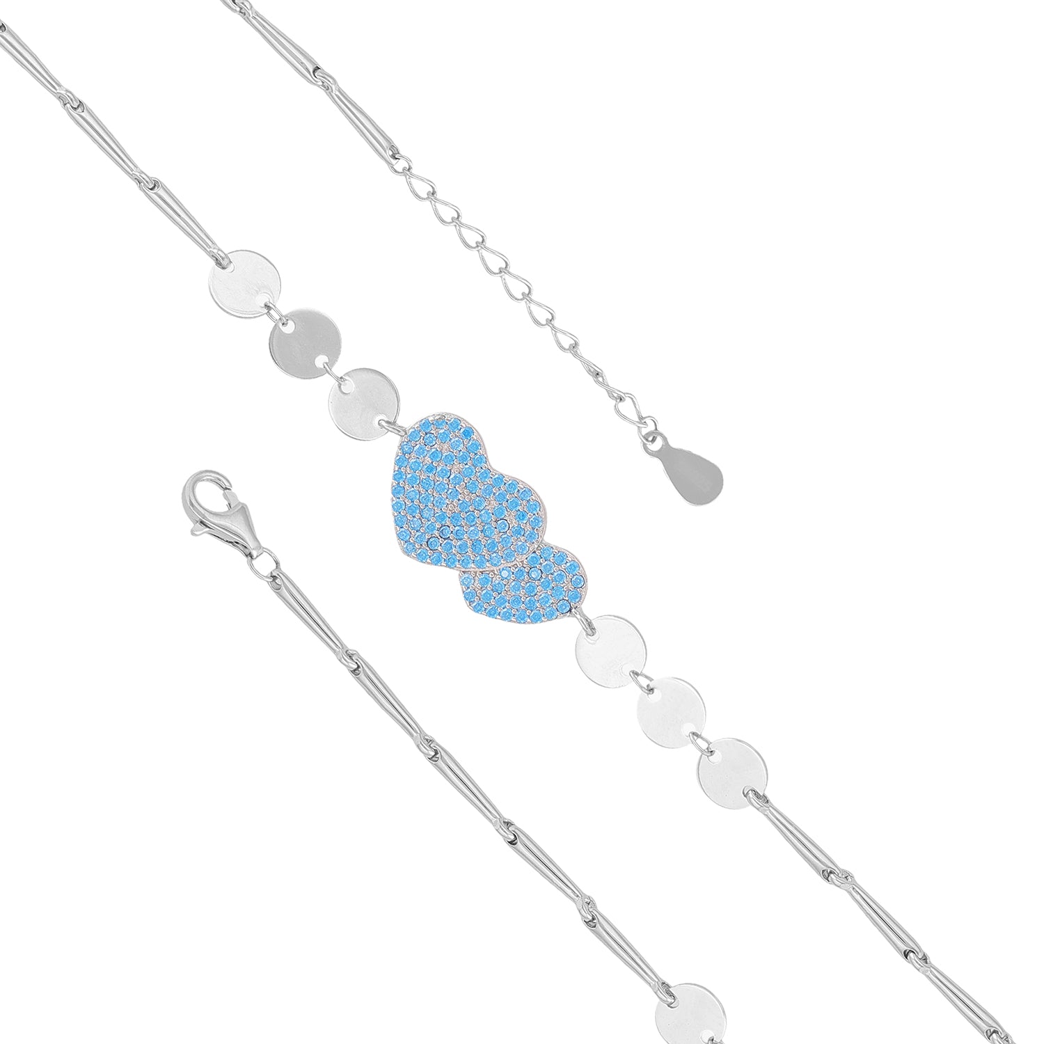 925 Celestial Blue Hearts Rhodium Plated Circle Detail Bracelets