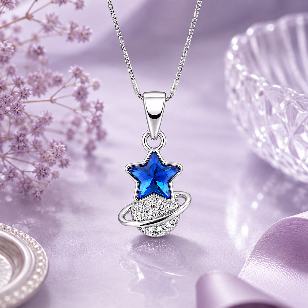 Celestial Blue Star Planet 925 Sterling Silver Pendant for women