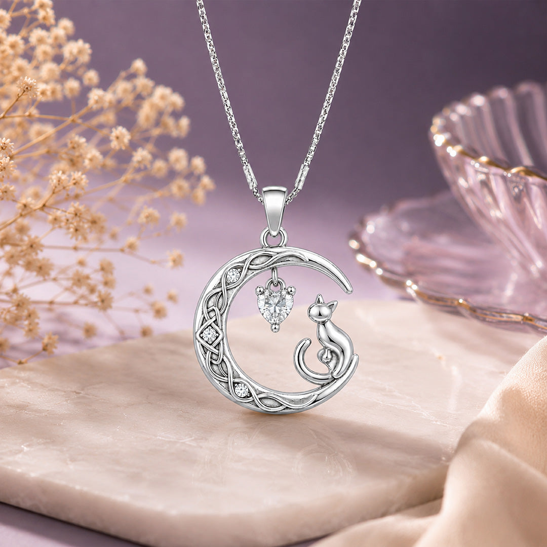 Celestial Cat Moon Heart 925 Sterling Silver Pendant for women