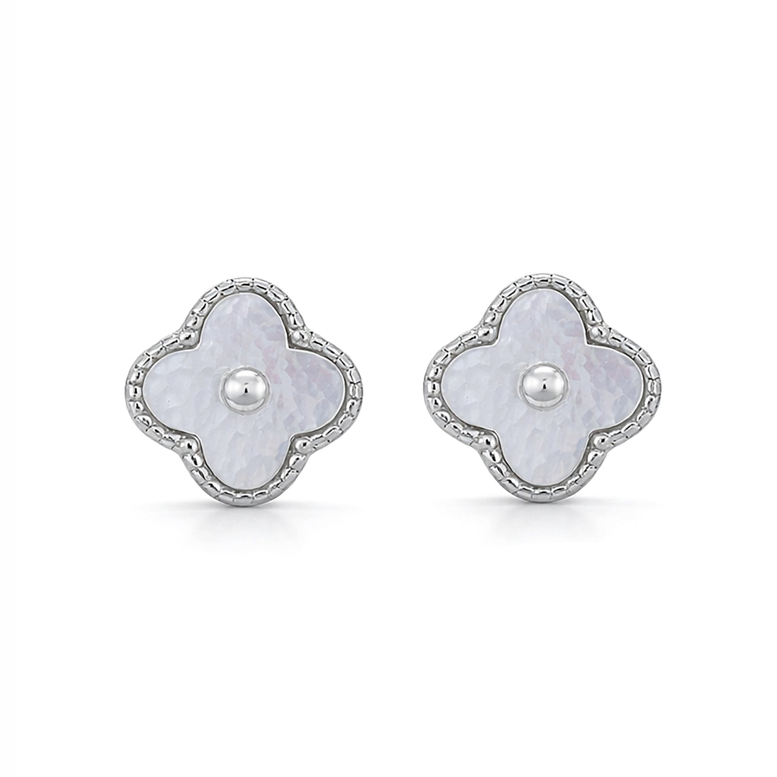 Pair of floral earrings with pearl centers on a white background