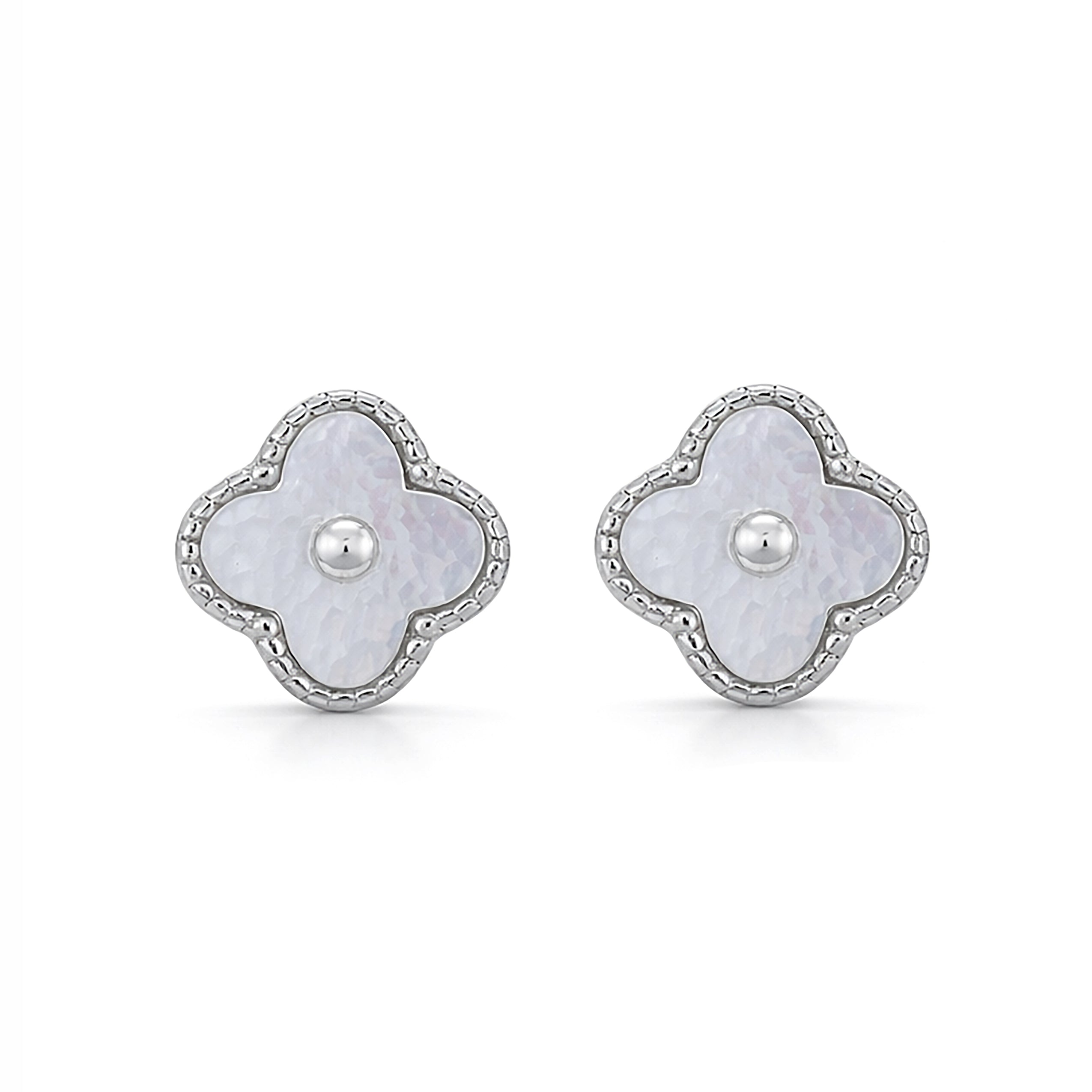Pair of floral earrings with pearl centers on a white background