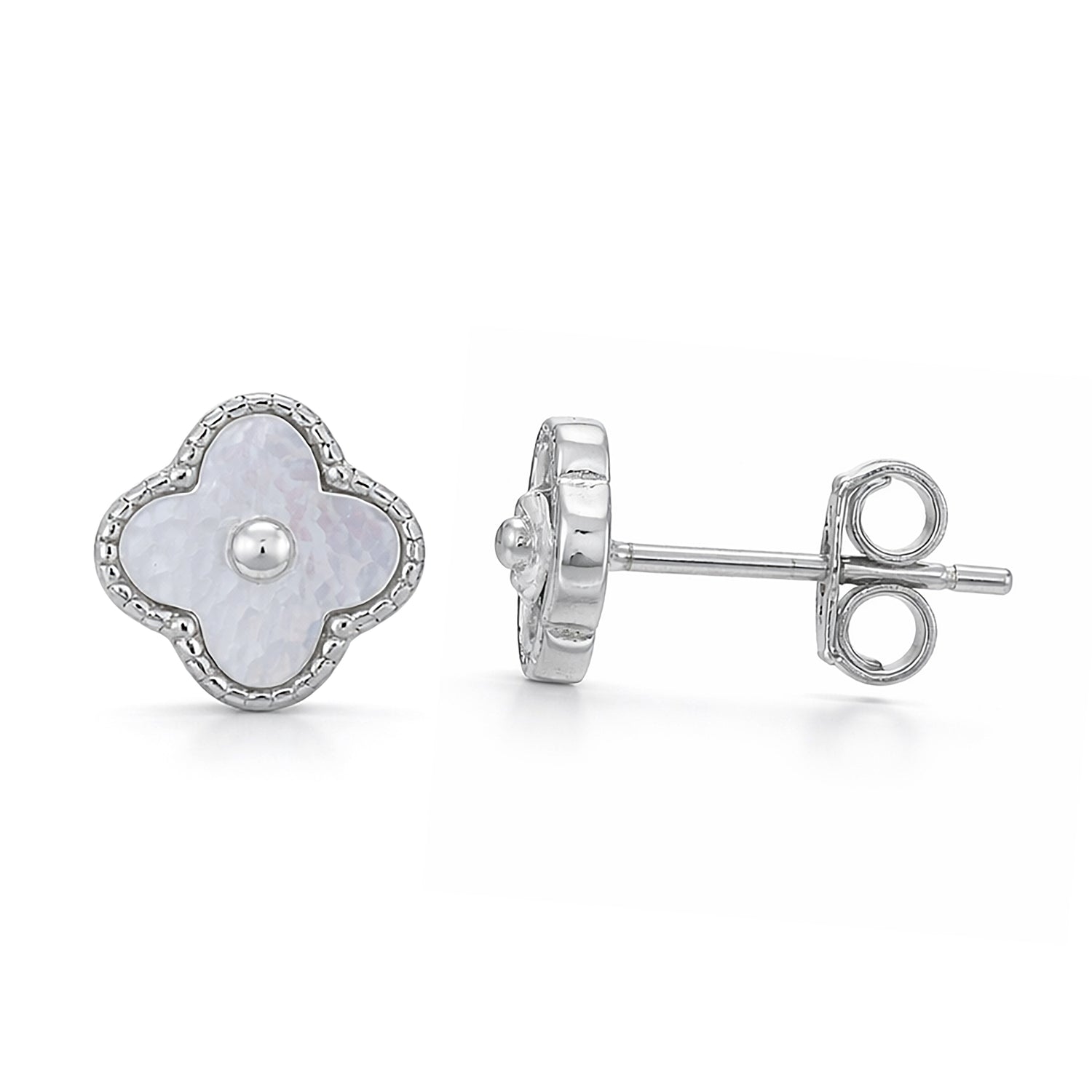 Silver earrings with a floral design on a white background