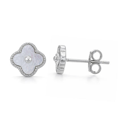 Silver earrings with a floral design on a white background