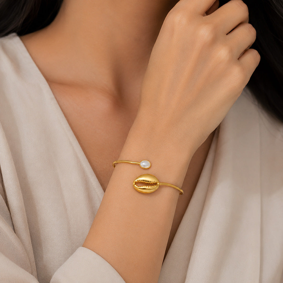 Celestial Cowrie Pearl Golden Modern Sculpted Statement Kada