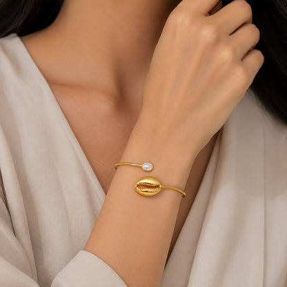 Celestial Cowrie Pearl Golden Modern Sculpted Statement Kada
