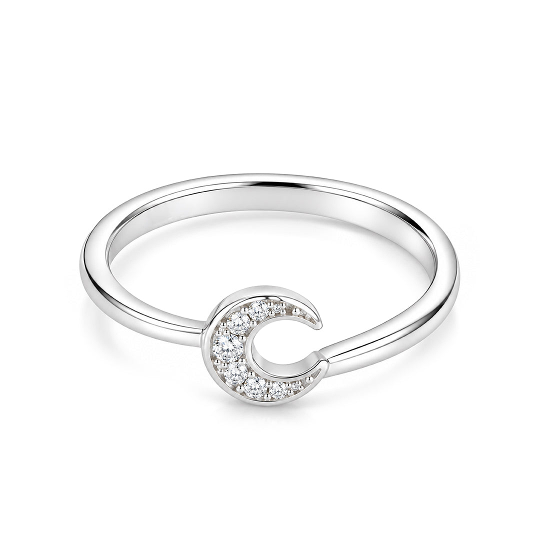 Celestial Crescent Moon Pave Sterling Silver Ring