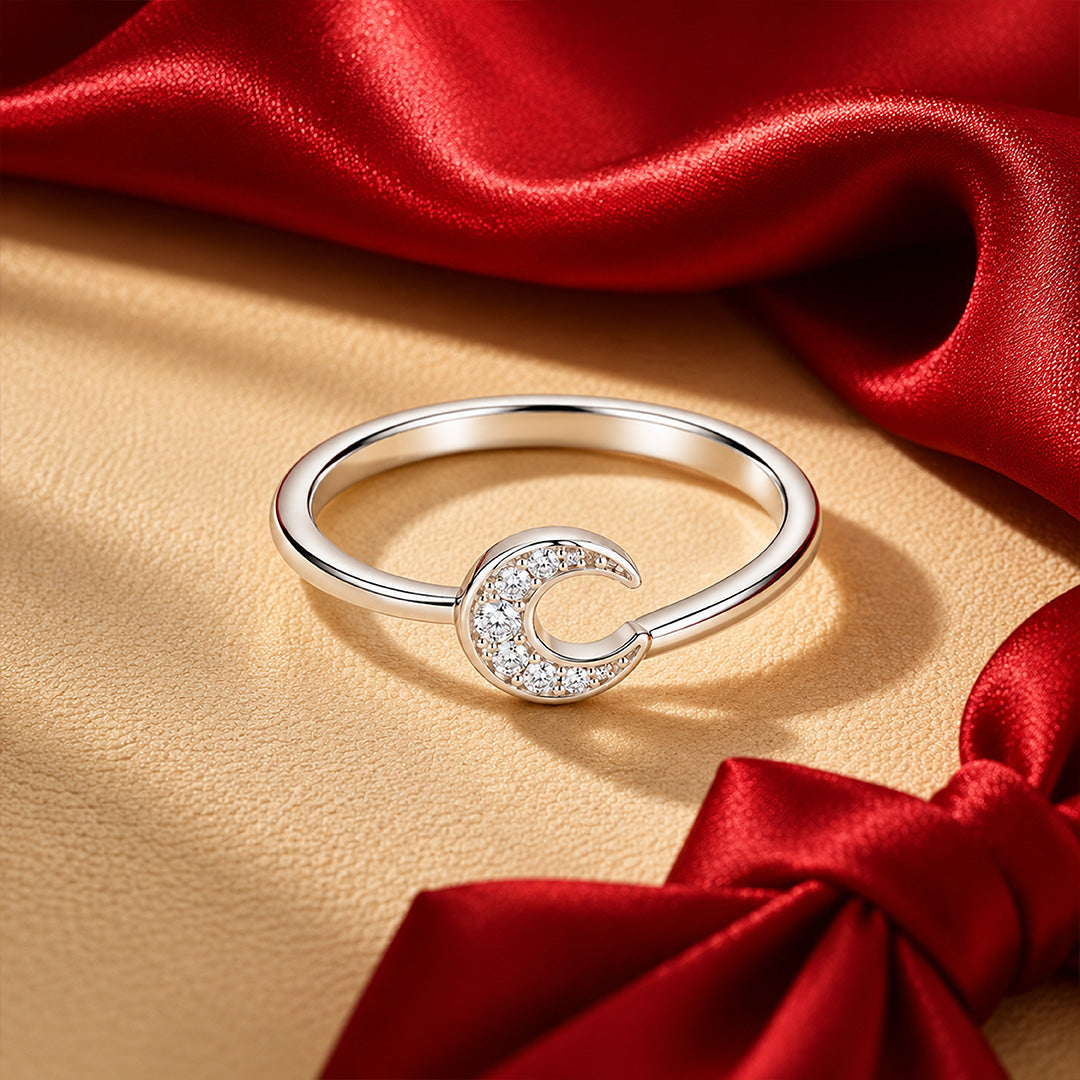 Celestial Crescent Moon Pave Sterling Silver Ring