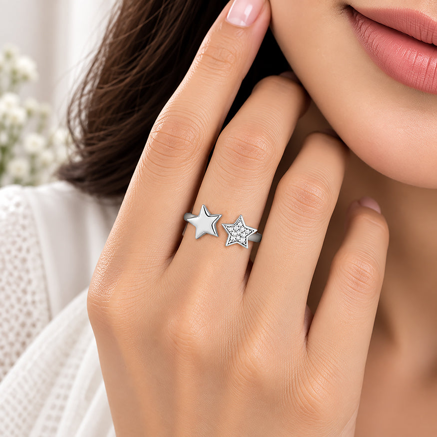 Celestial Dual Star Crystal Elegance 925 Sterling Silver Rng for women