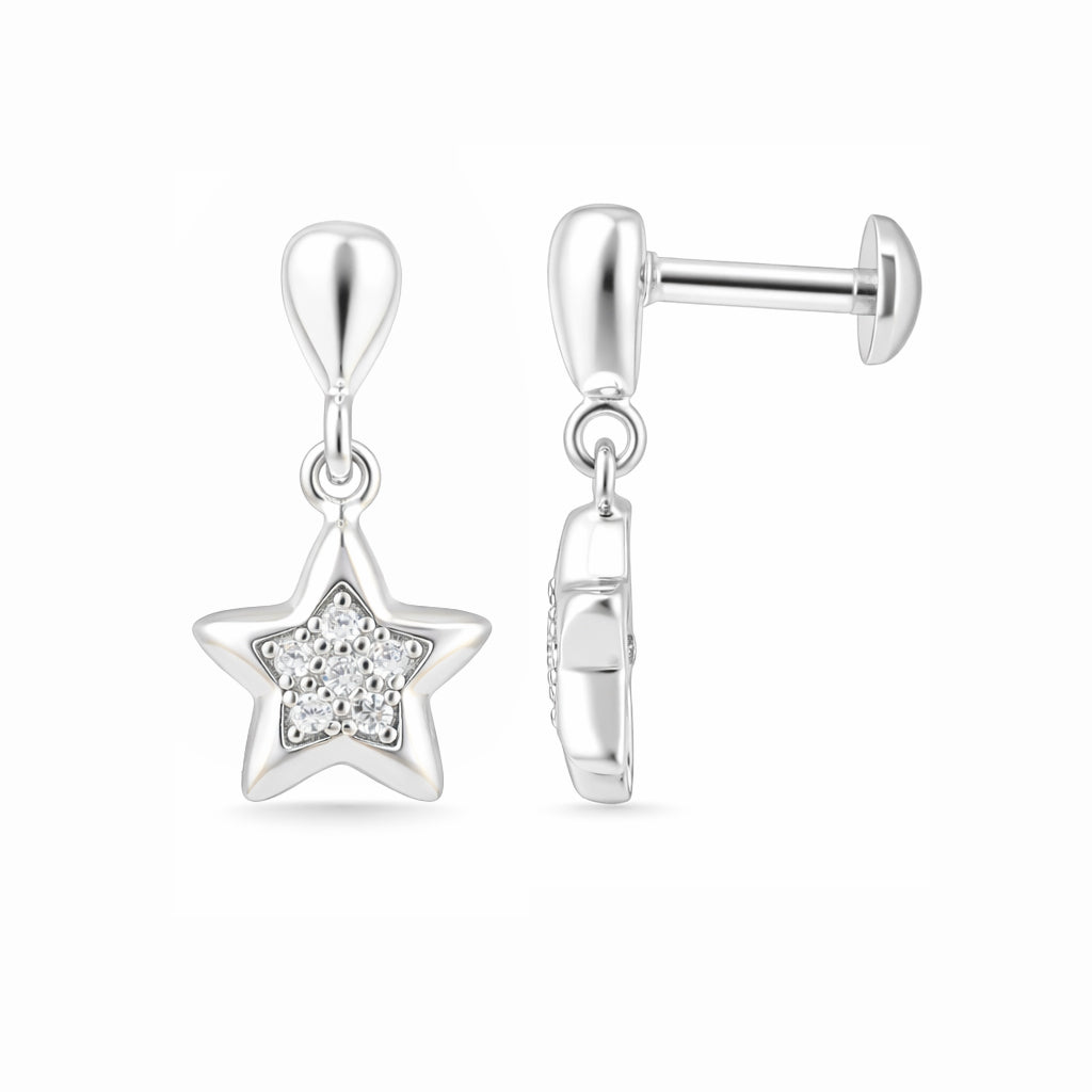 Silver star-shaped earrings with clear gemstones on a white background