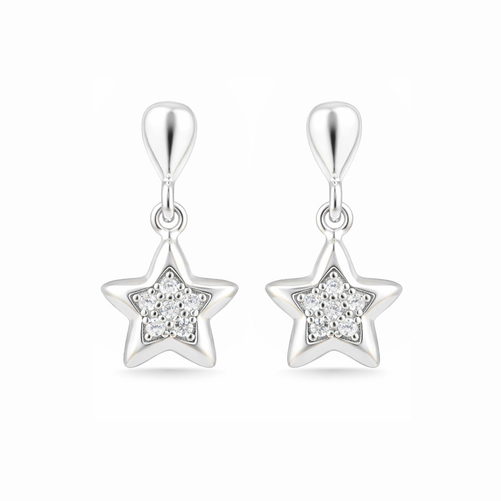 Star-shaped silver earrings with clear gemstones on a white background