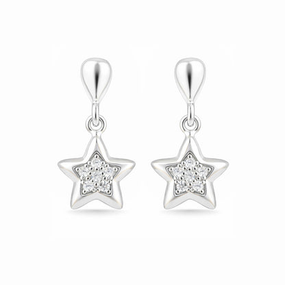Star-shaped silver earrings with clear gemstones on a white background