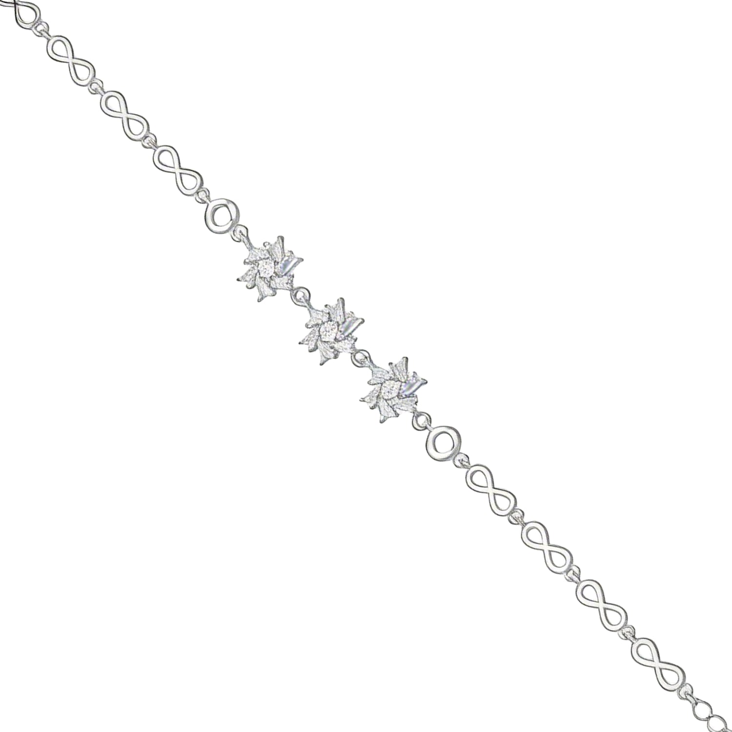 Silver bracelet with star-shaped diamonds on a white background