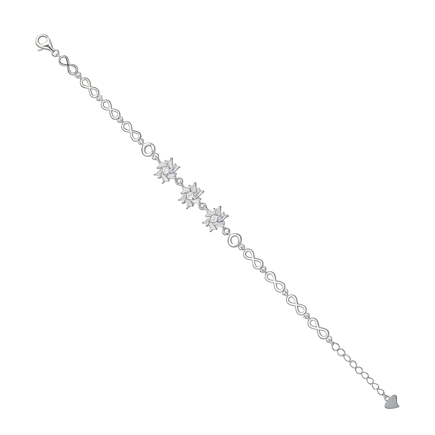 Silver bracelet with star-shaped charms on a white background