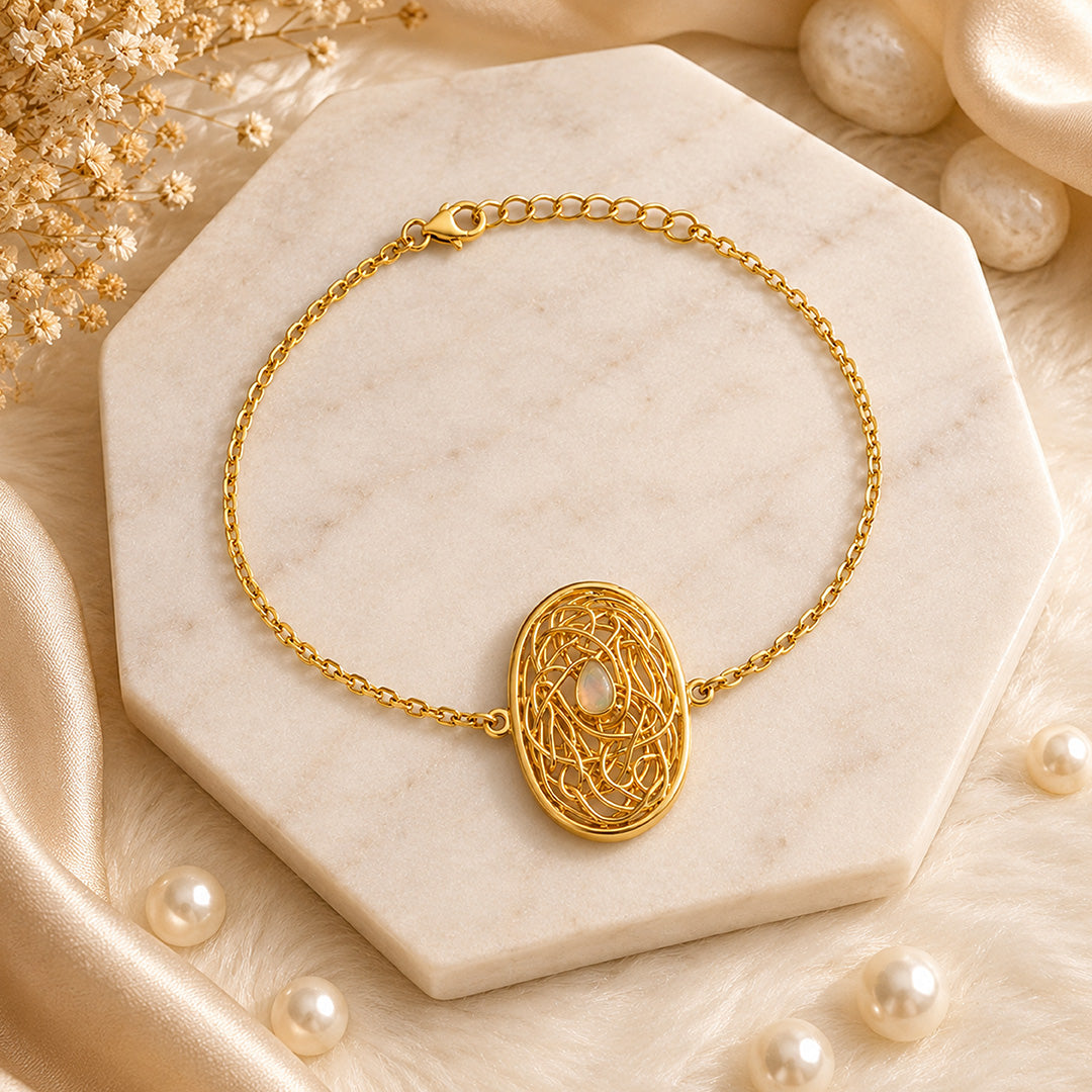 Celestial Web Opal Golden Sculpted Artistic Designer Bracelet
