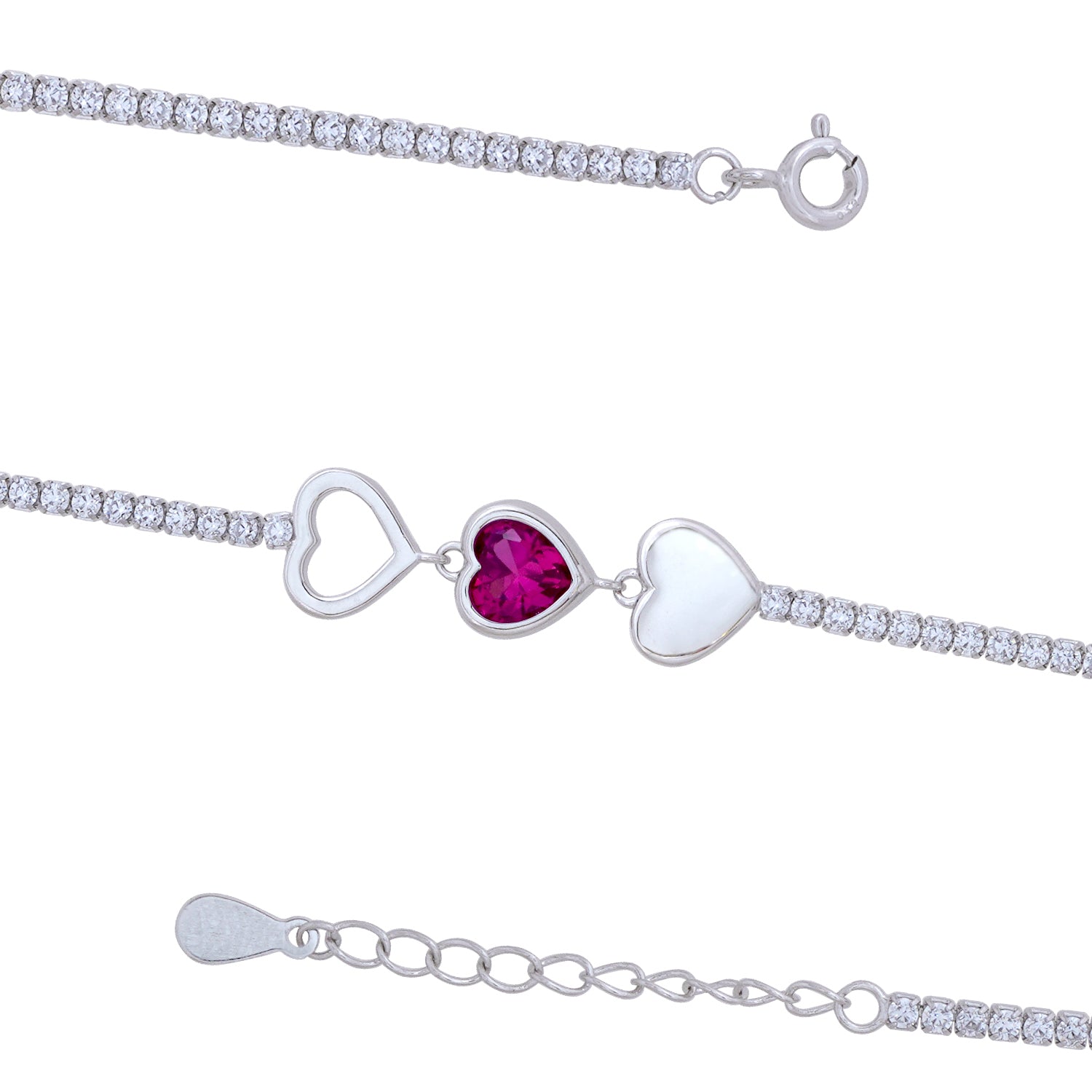 Centered Pink Rhodium Trio Heart Bracelets