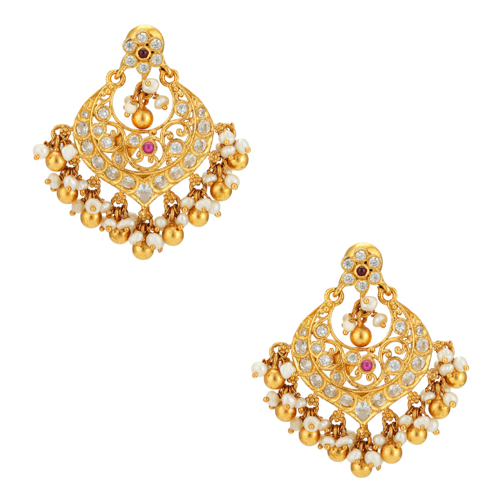 Centered Red Stone 925 Gold Plated Chandbali Earrings