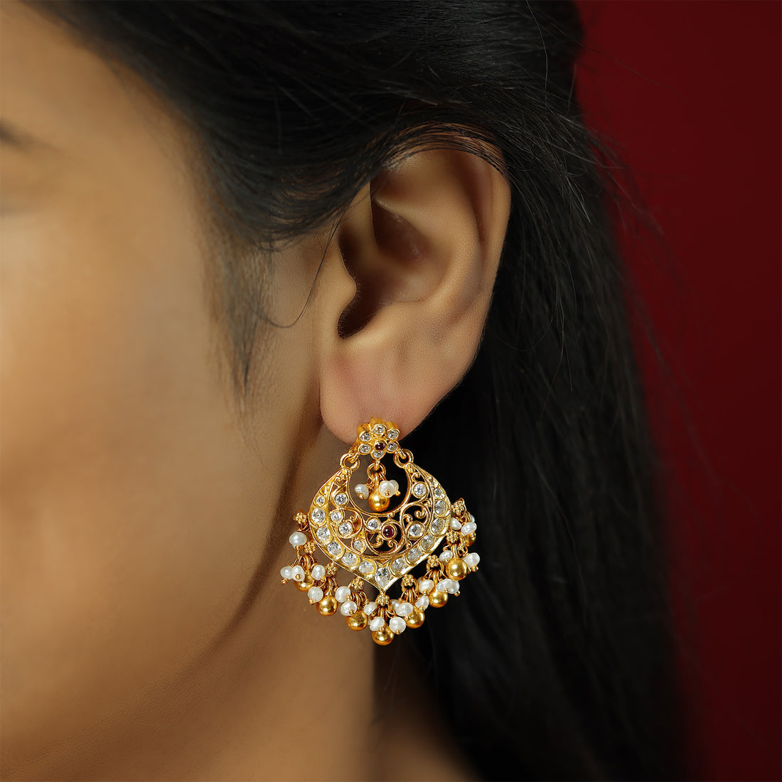 Centered Red Stone 925 Gold Plated Chandbali Earrings