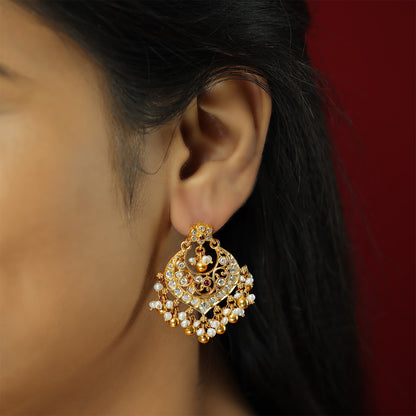 Centered Red Stone 925 Gold Plated Chandbali Earrings