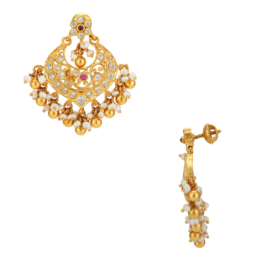 Centered Red Stone 925 Gold Plated Chandbali Earrings