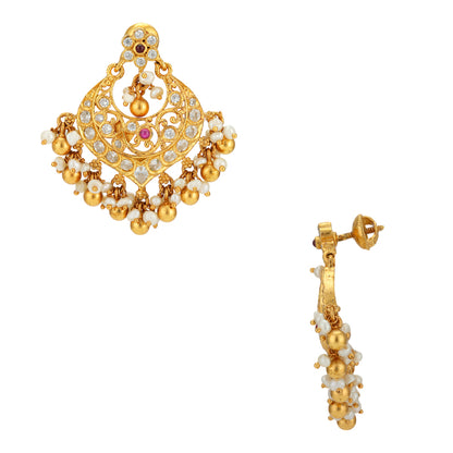 Centered Red Stone 925 Gold Plated Chandbali Earrings