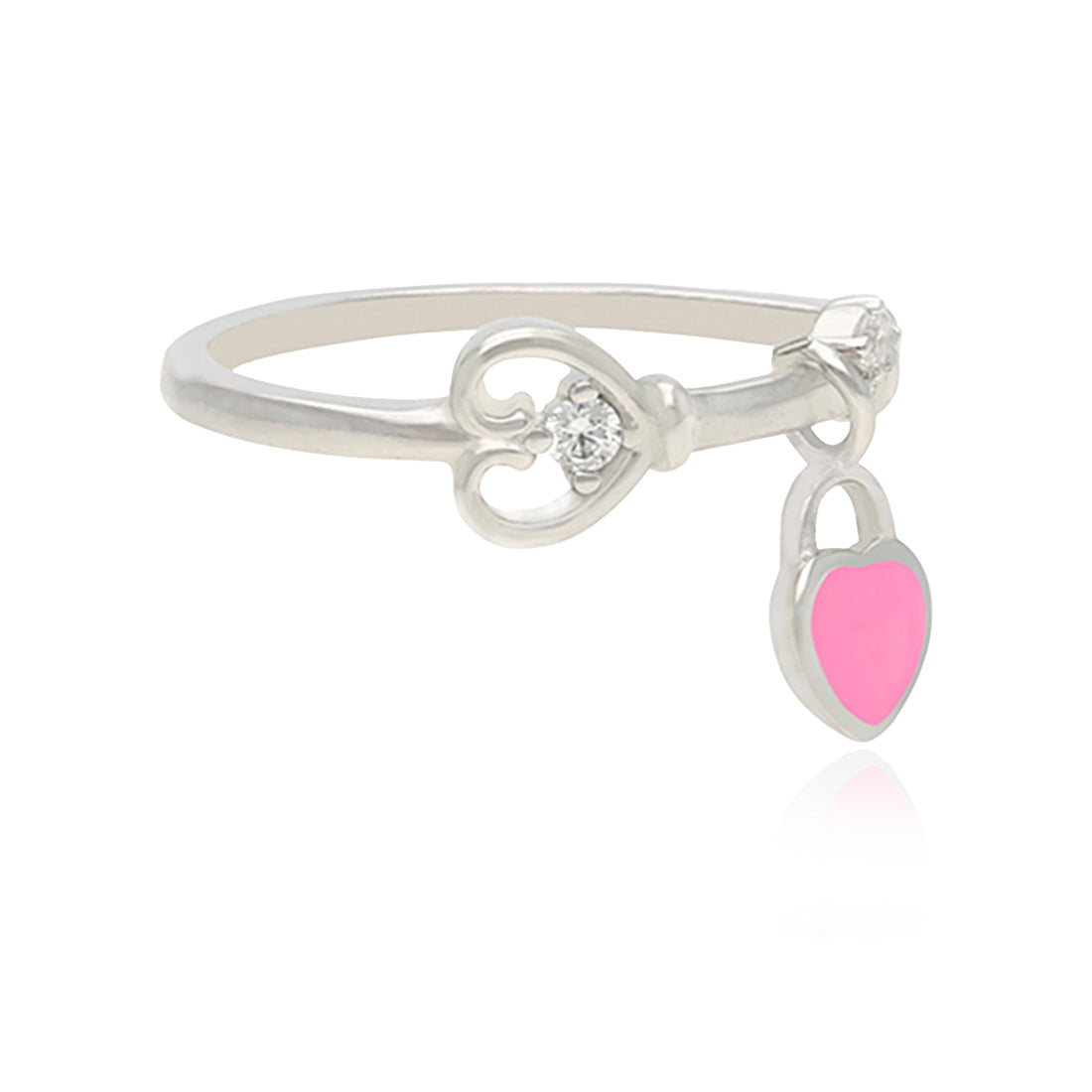Charmed Heart 925 Rhodium Pink Heart Lock Drop Ring