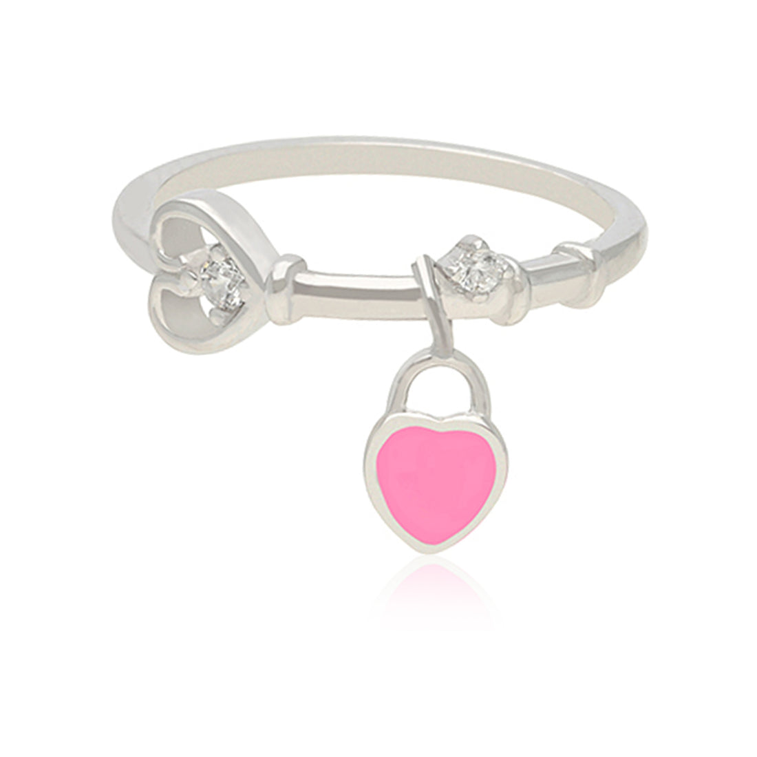 Charmed Heart Rhodium Plated Pink Heart Lock Drop Ring