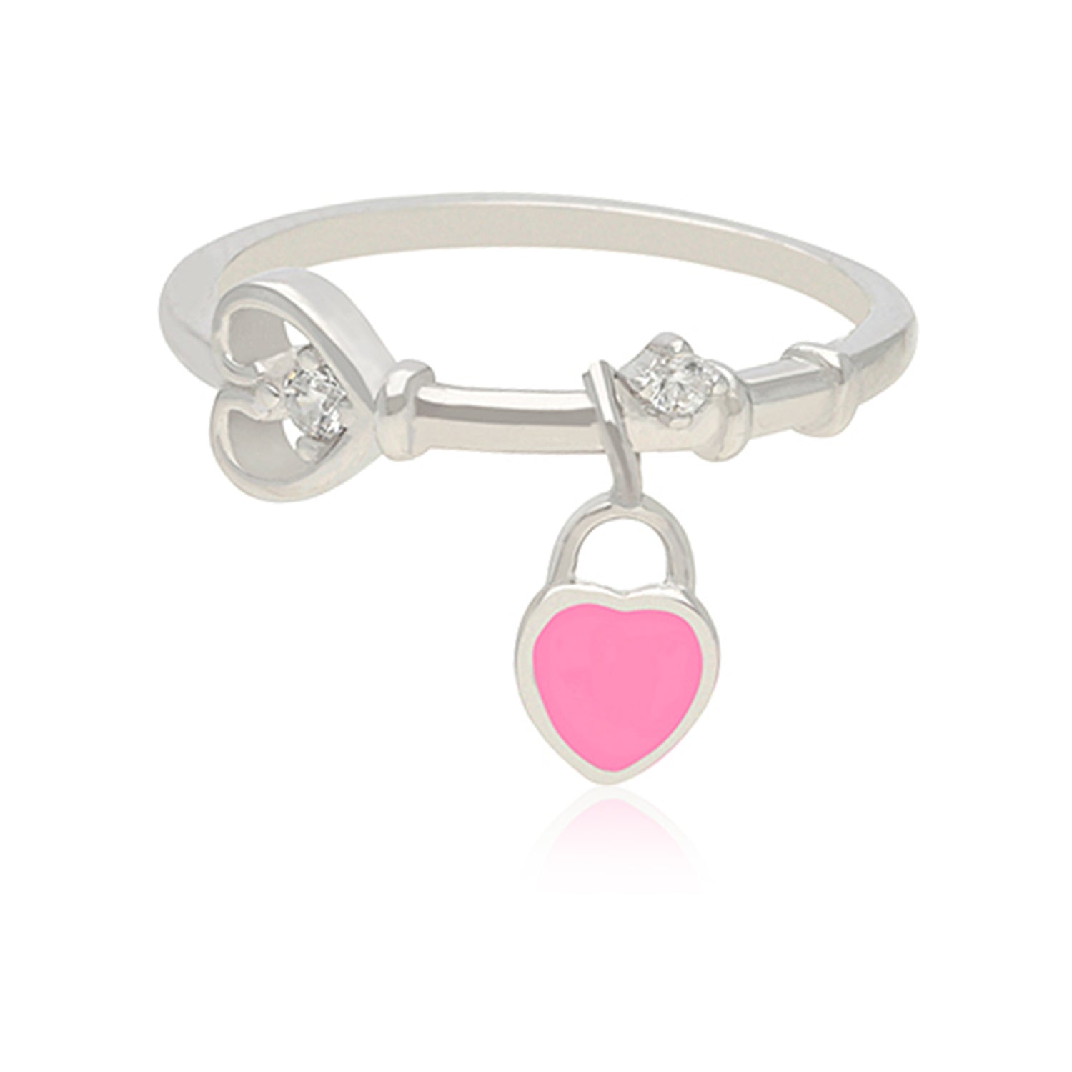 Charmed Heart Rhodium Plated Pink Heart Lock Drop Ring