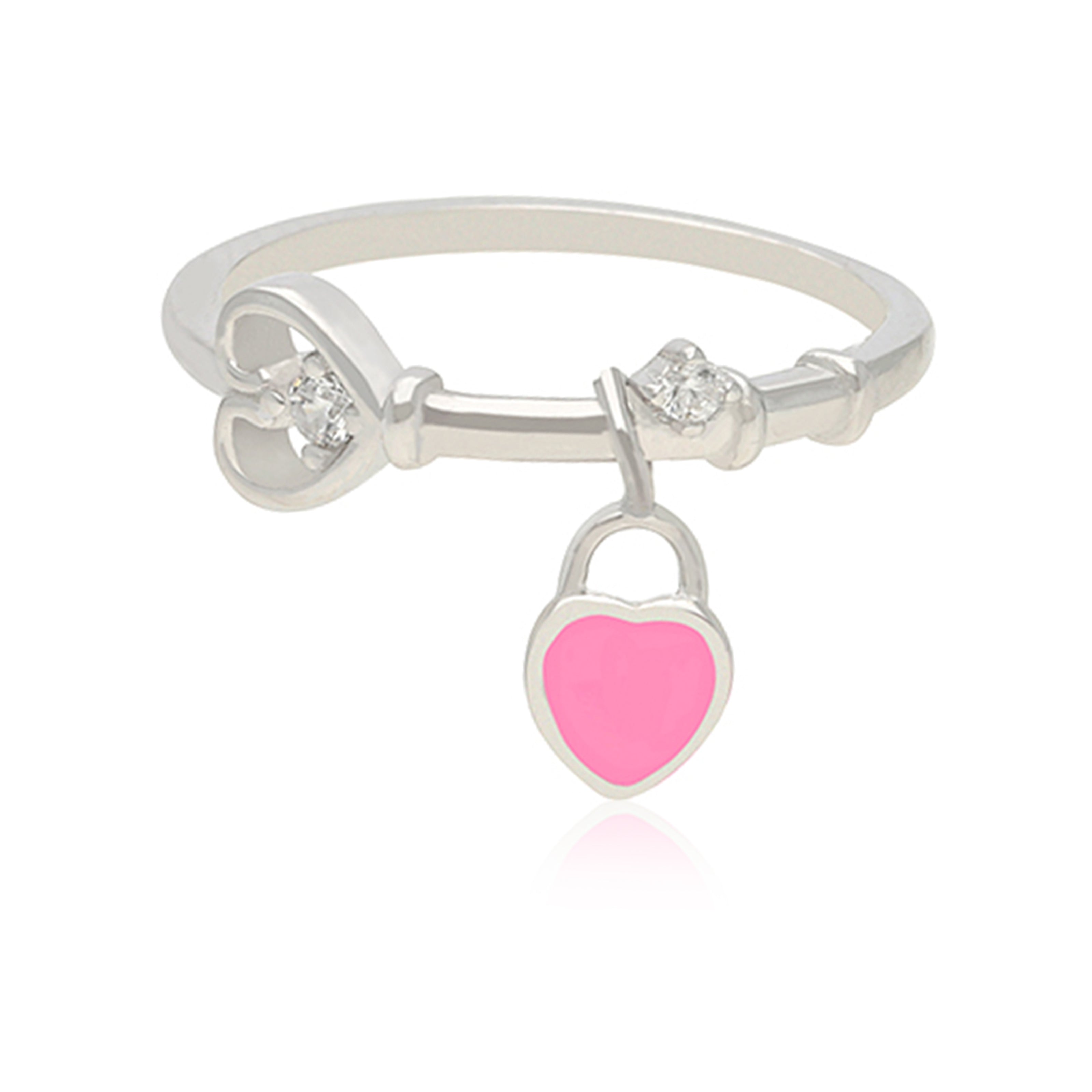 Charmed Heart Rhodium Plated Pink Heart Lock Drop Ring