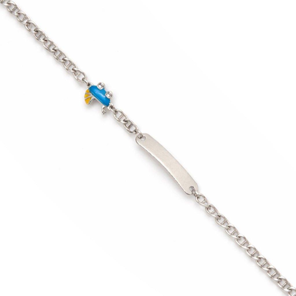 Silver bracelet with a blue and yellow charm on a white background