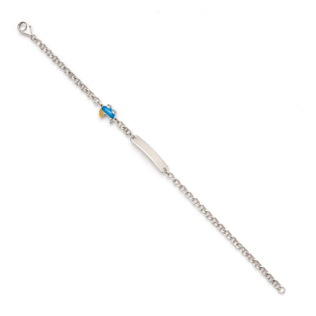 Silver bracelet with a blue gemstone on a white background