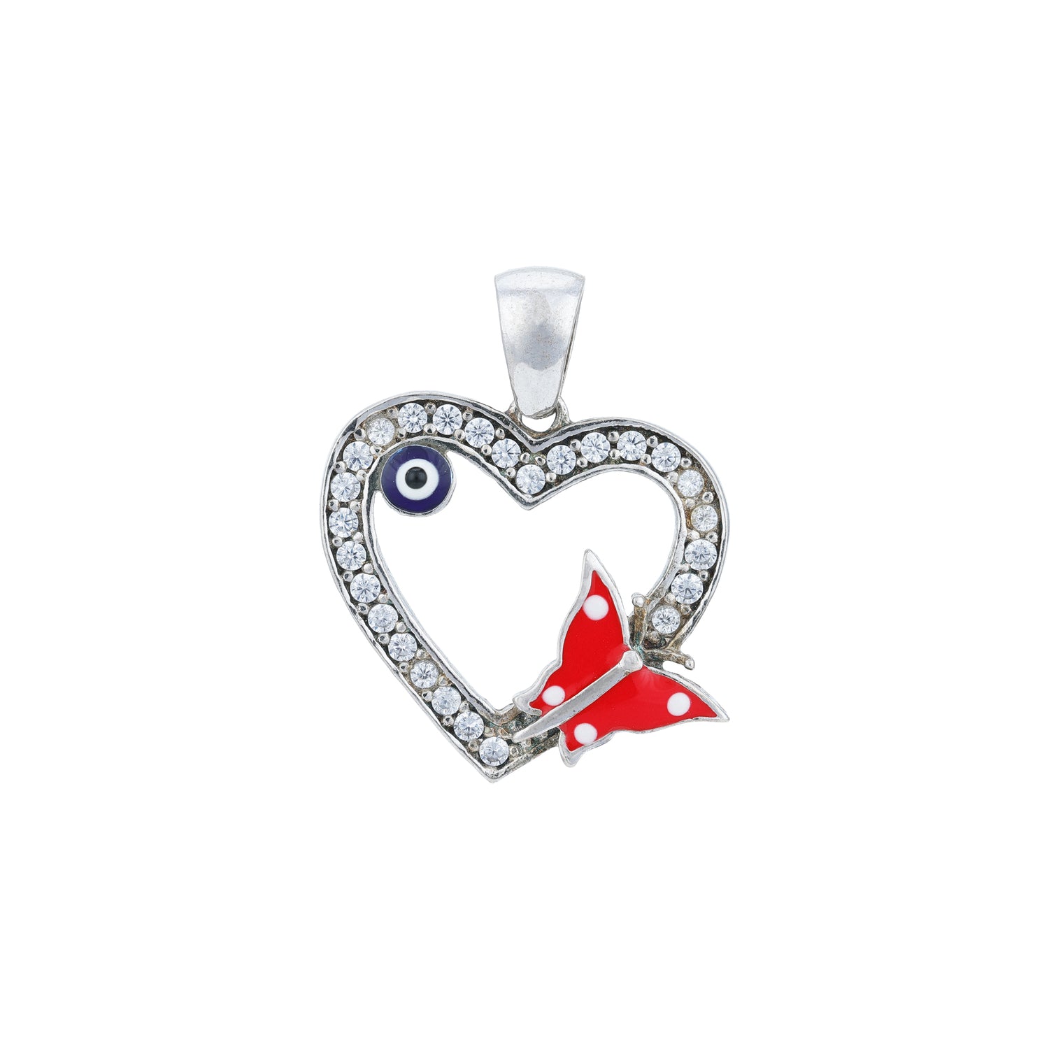 Heart-shaped pendant with a red airplane and blue eye symbol on a white background