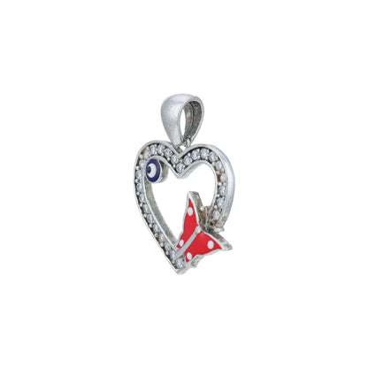 Heart-shaped pendant with a red and blue design on a white background