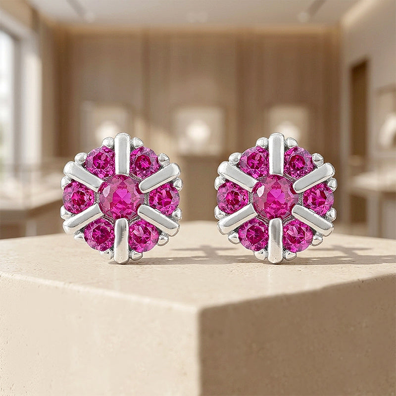 Charming Pink Flower 925 Sterling Silver Stud for Women