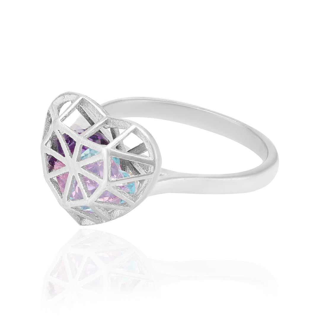 Chromatic Love 925 Rhodium Geometric Heart Rings