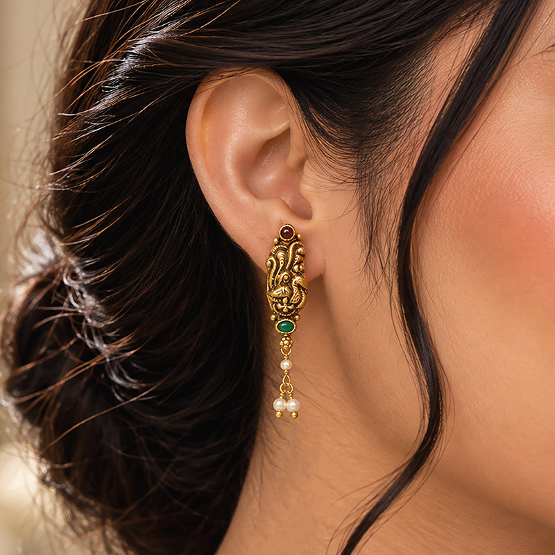 Classic Gold Toned Peacock Motif 925 Sterling Silver Pearl Drop Earring for Women