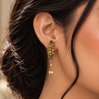 Classic Gold Toned Peacock Motif 925 Sterling Silver Pearl Drop Earring for Women