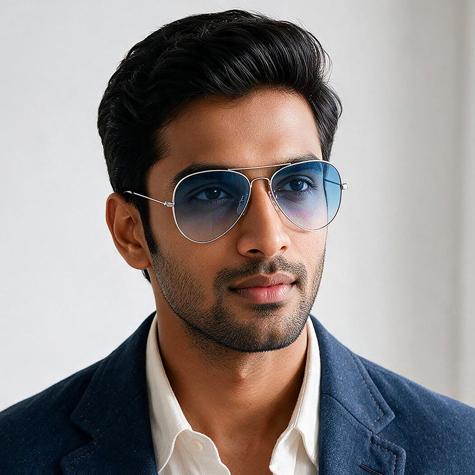 Classic Silver Aviator Sunglasses with Sky Blue Gradient Lenses