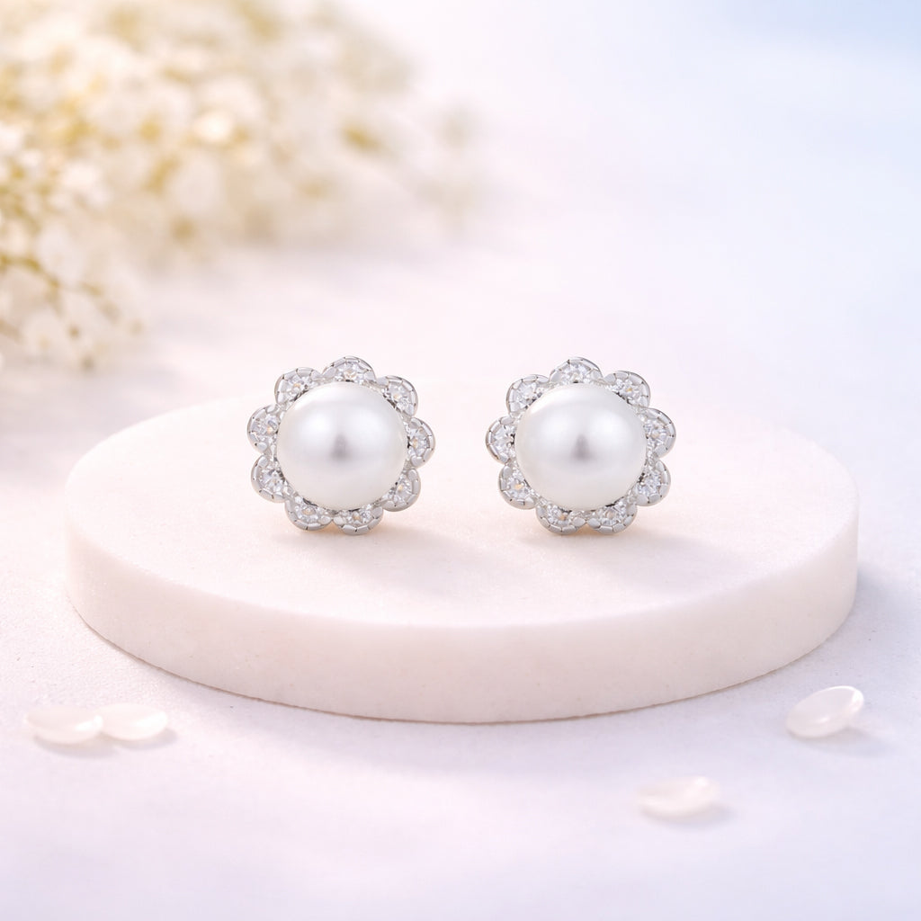 Classic Floral 925 Sterling Silver Pearl Stud for Women