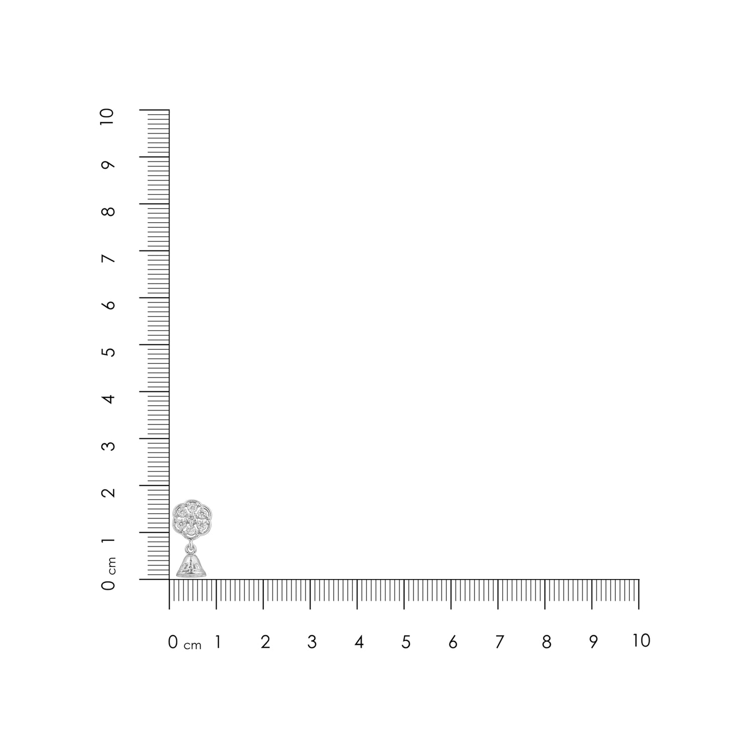Small green and orange object next to a ruler on a white background