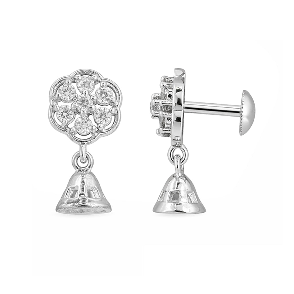 Silver earrings with floral design and hanging elements on a white background