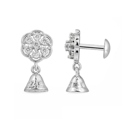 Silver earrings with floral design and hanging elements on a white background