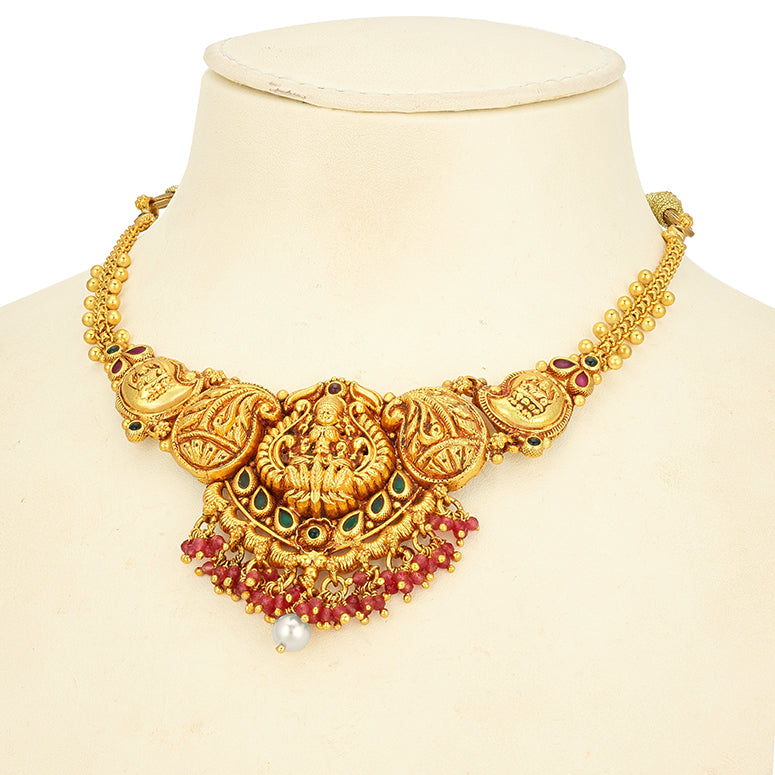 Classic Goddess Lakshmi Mango Motif 925 Sterling Silver Pink Bead Drop Necklace for Women