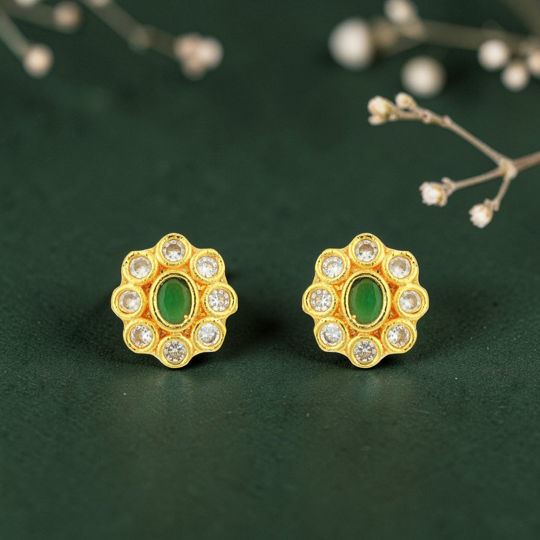 Classic Gold Plated Green Stone CZ Floral Pattern 925 Sterling Silver Stud for Women