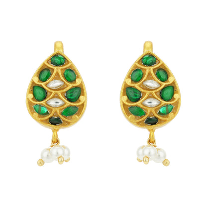 Classic Gold Plated Green Stone Teardrop 925 Sterling Silver Pearl Drop Earring for Women