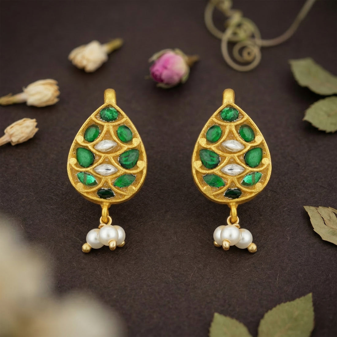 Classic Gold Plated Green Stone Teardrop 925 Sterling Silver Pearl Drop Earring for Women