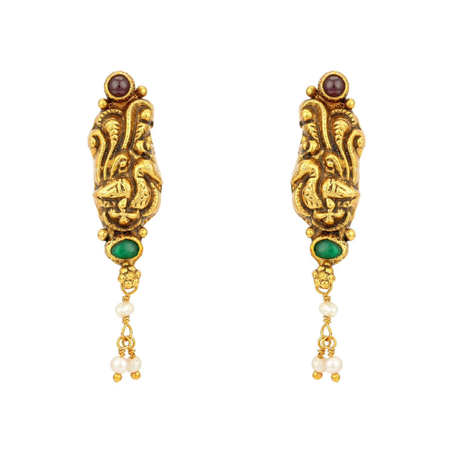 Classic Gold Toned Peacock Motif 925 Sterling Silver Pearl Drop Earring for Women