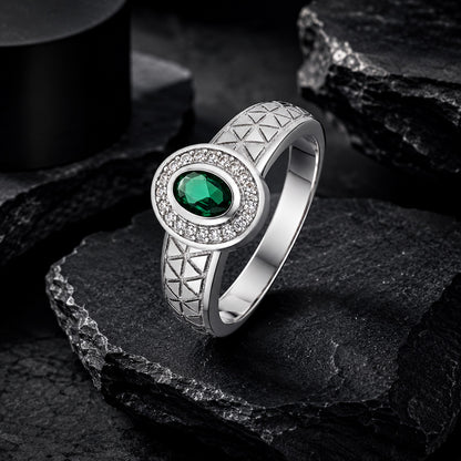 Classic Green Stone 925 Sterling Silver Oval Ring for Men