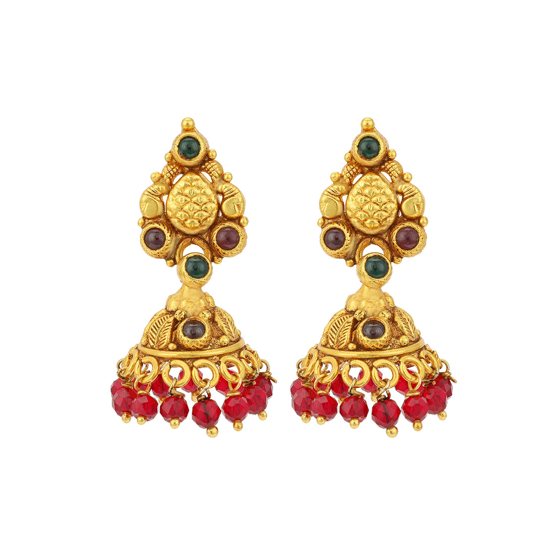 Classic Green Red Stone Gold Plated Red Bead Drop 925 Sterling Silver Jhumka for Women