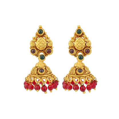 Classic Green Red Stone Gold Plated Red Bead Drop 925 Sterling Silver Jhumka for Women