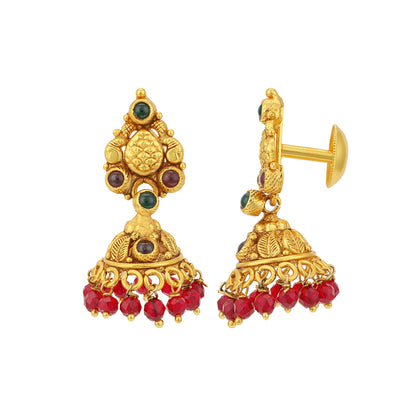 Classic Green Red Stone Gold Plated Red Bead Drop 925 Sterling Silver Jhumka for Women